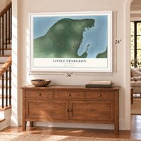 Little Sturgeon, Wisconsin map, 24 x 36 inch print in a white frame above a dresser by a staircase