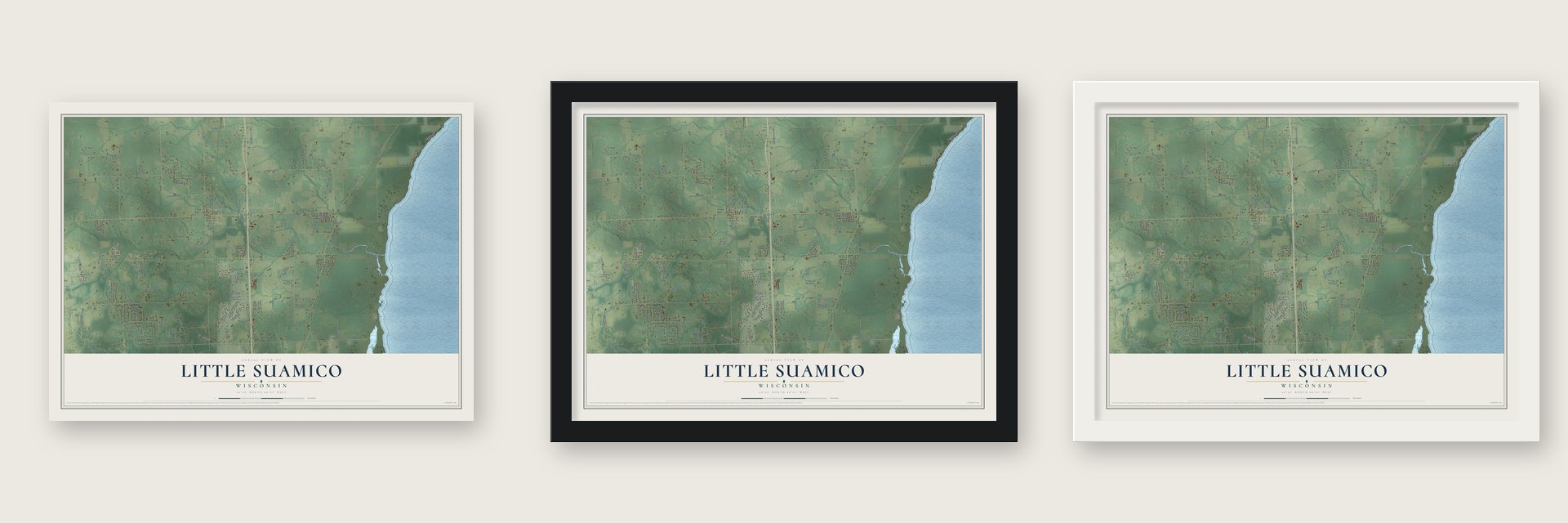 Little Suamico, Wisconsin map unframed, in a black wood frame and in a white wood frame