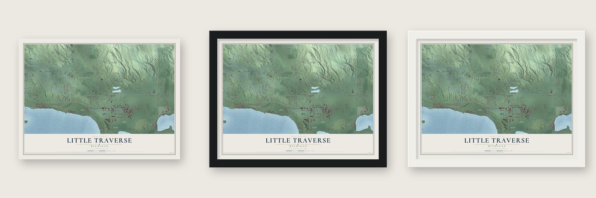 Little Traverse, Michigan map unframed, in a black wood frame and in a white wood frame