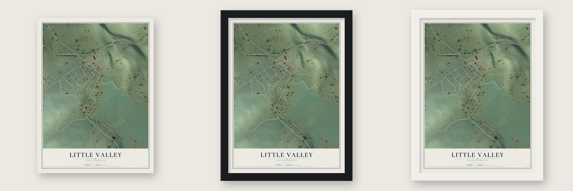Little Valley, California map unframed, in a black wood frame and in a white wood frame