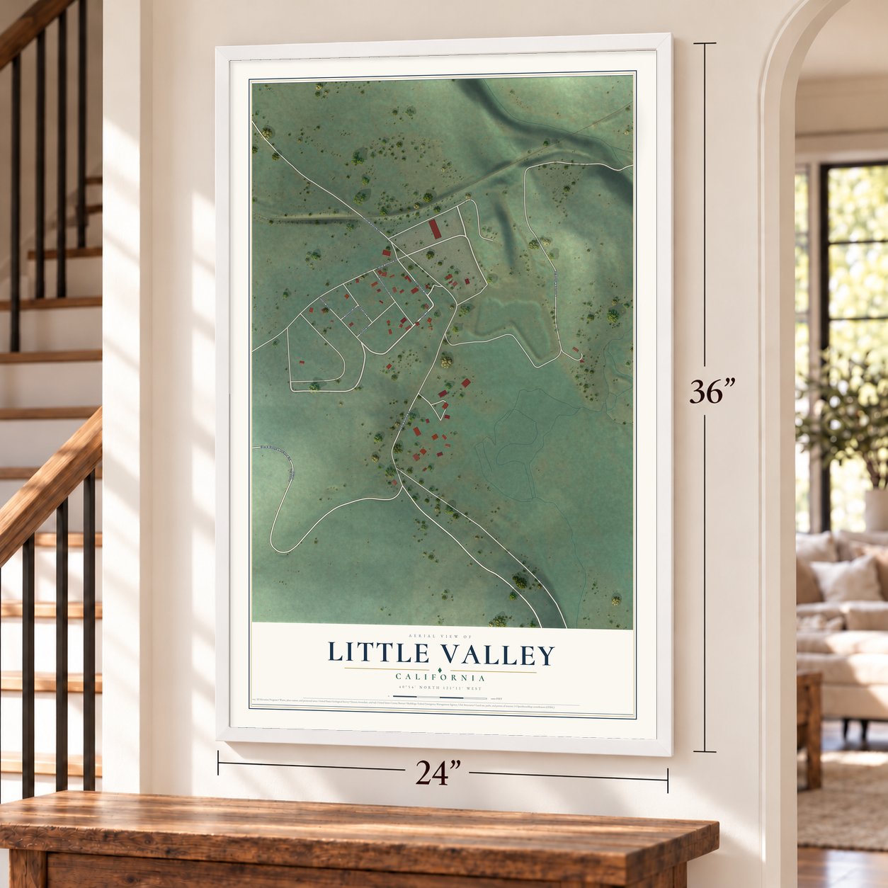 Little Valley, California map, 24 x 36 inch print in a white frame by a staircase
