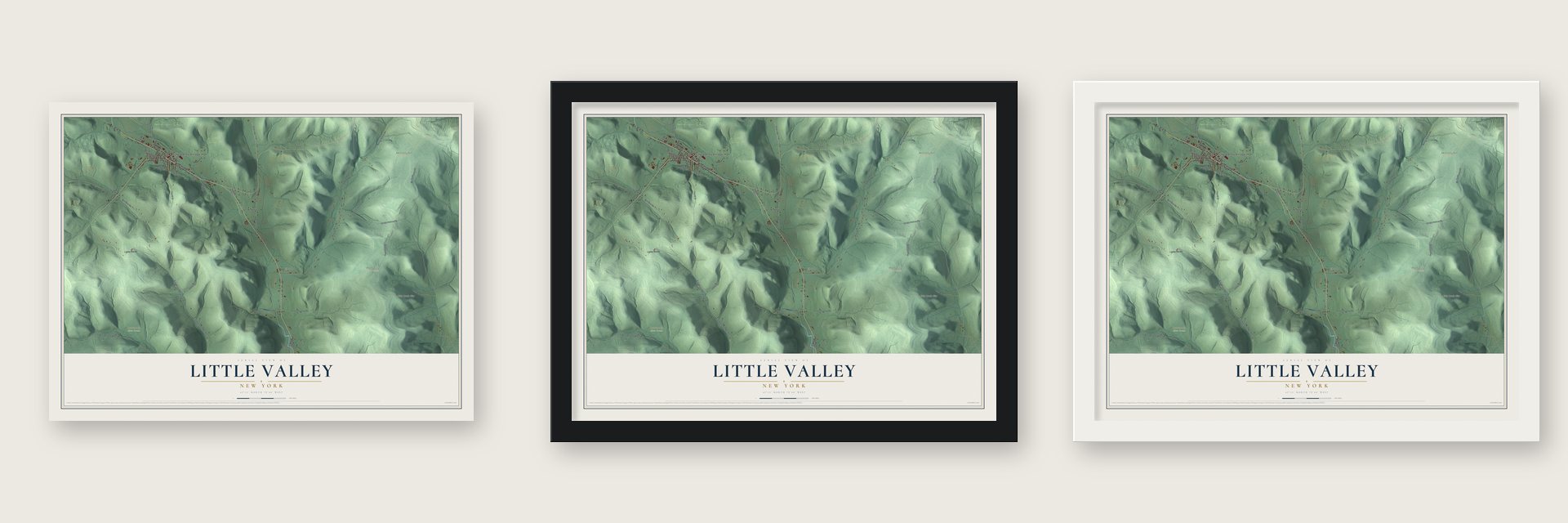 Little Valley, New York map unframed, in a black wood frame and in a white wood frame