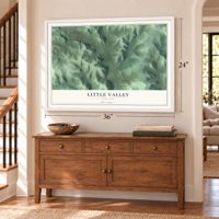 Little Valley, New York map, 24 x 36 inch print in a white frame above a dresser by a staircase