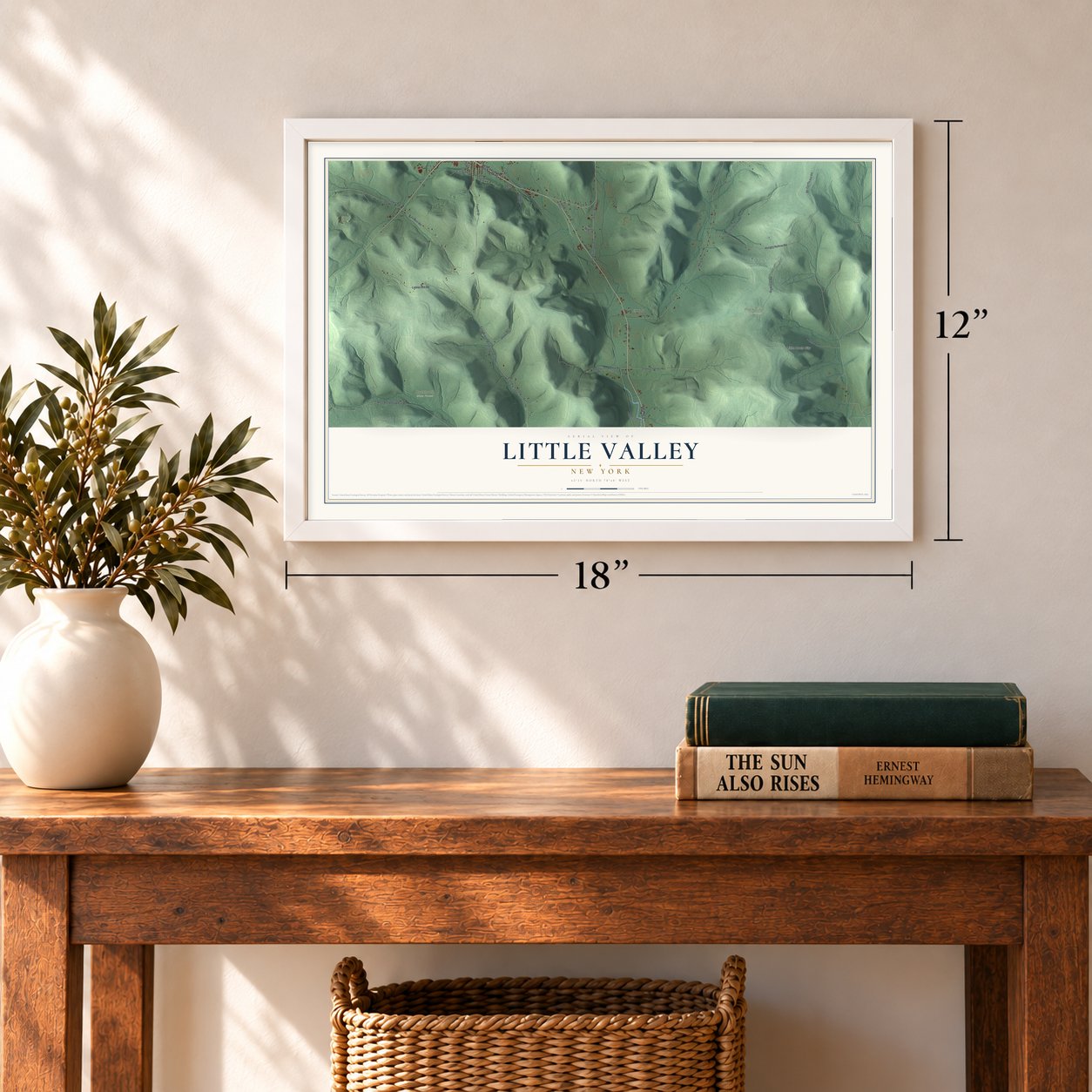 Little Valley, New York map, 12 x 18 inch print in a white frame in an entryway