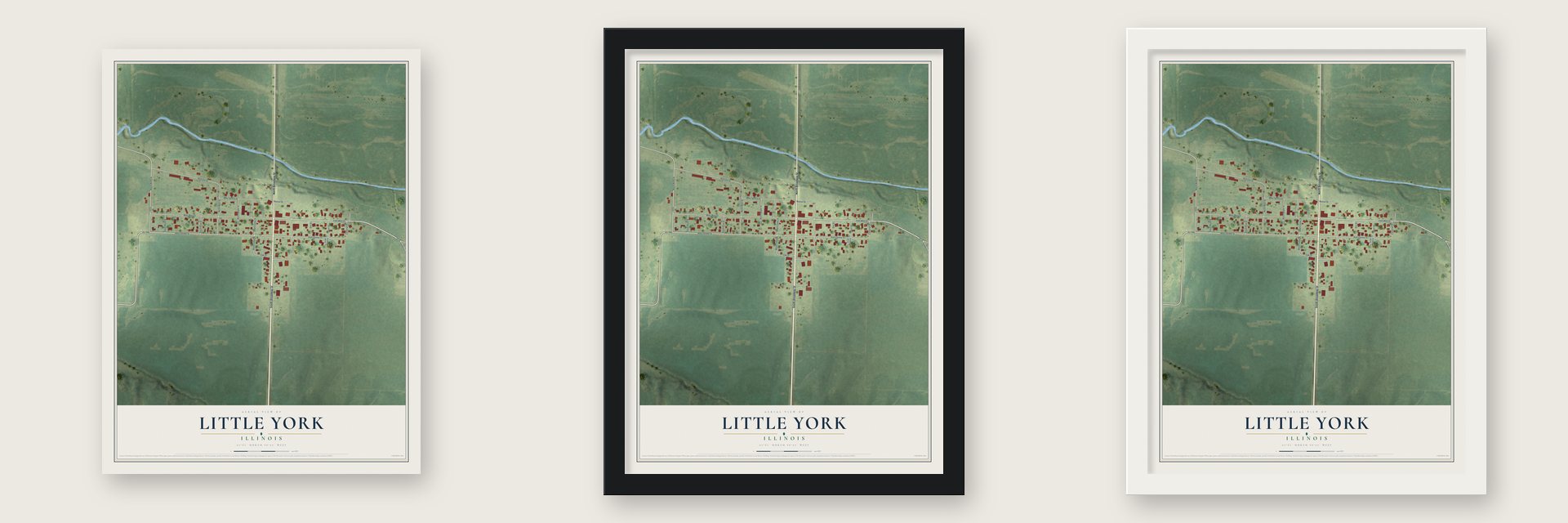 Little York, Illinois map unframed, in a black wood frame and in a white wood frame