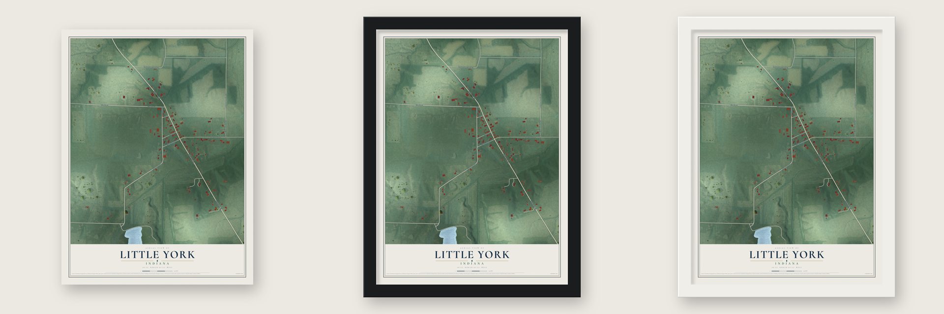Little York, Indiana map unframed, in a black wood frame and in a white wood frame