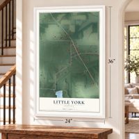 Little York, Indiana map, 24 x 36 inch print in a white frame by a staircase