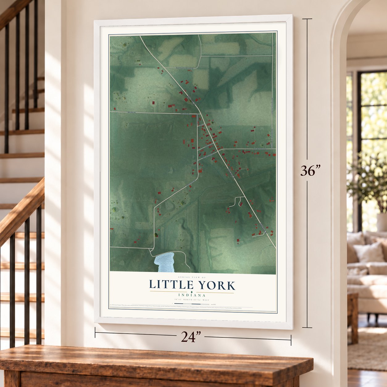 Little York, Indiana map, 24 x 36 inch print in a white frame by a staircase