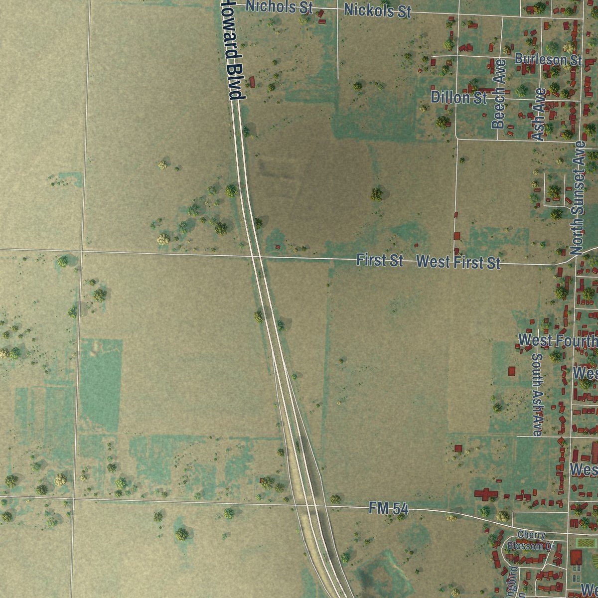 Second close-up of the map of Littlefield, Texas print showing more streets and buildings