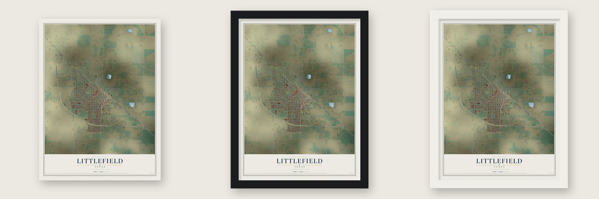 Littlefield, Texas map unframed, in a black wood frame and in a white wood frame
