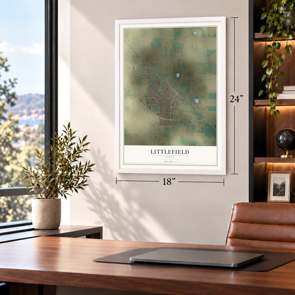 Littlefield, Texas map, 18 x 24 inch print in a white frame in a home office