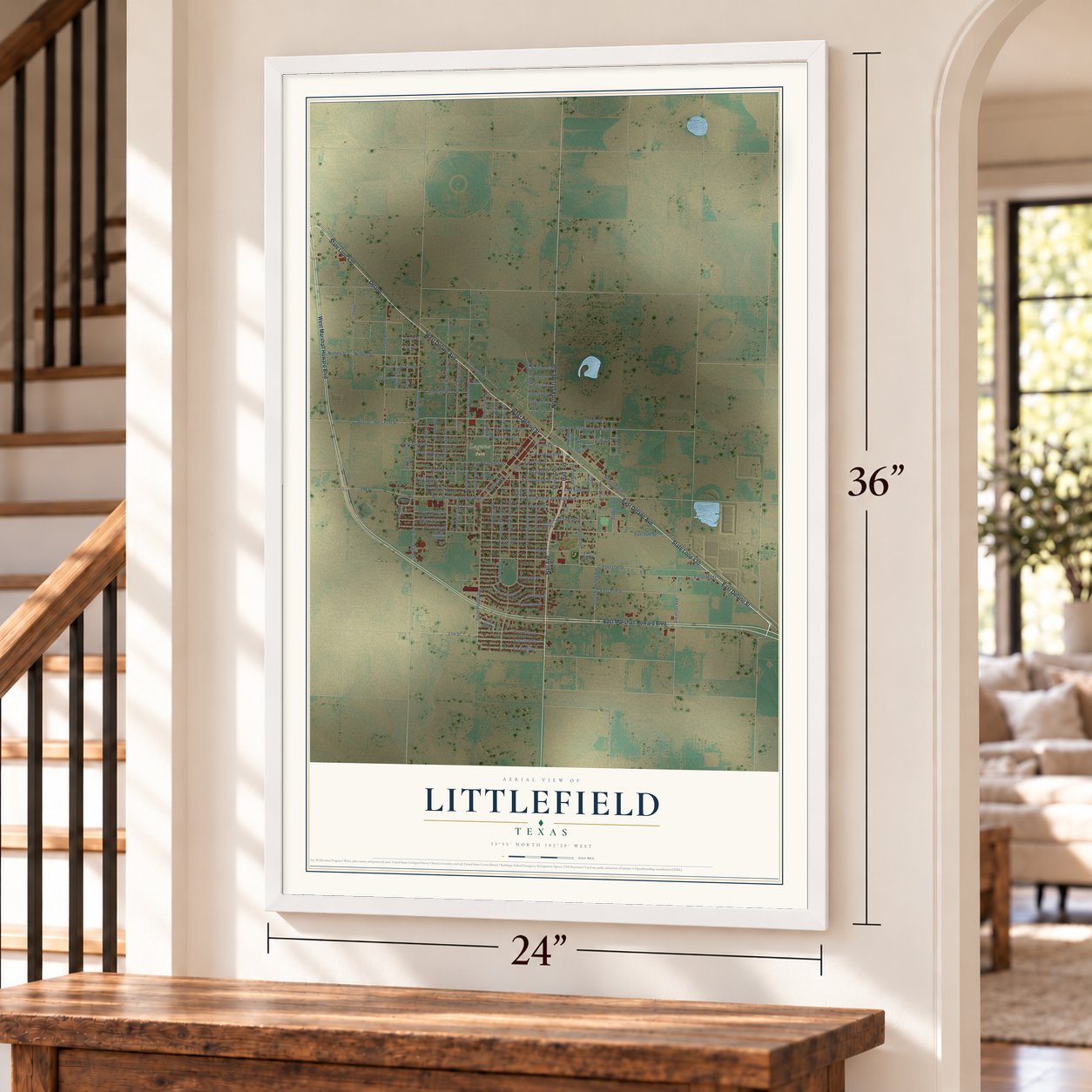 Littlefield, Texas map, 24 x 36 inch print in a white frame by a staircase
