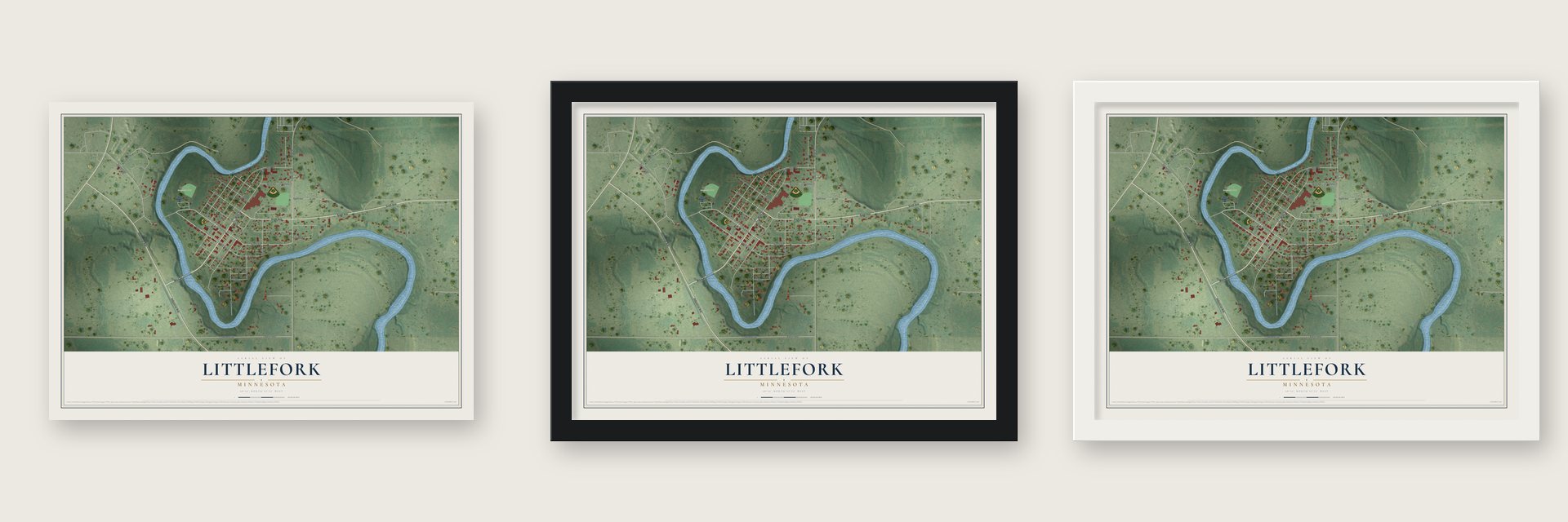 Littlefork, Minnesota map unframed, in a black wood frame and in a white wood frame