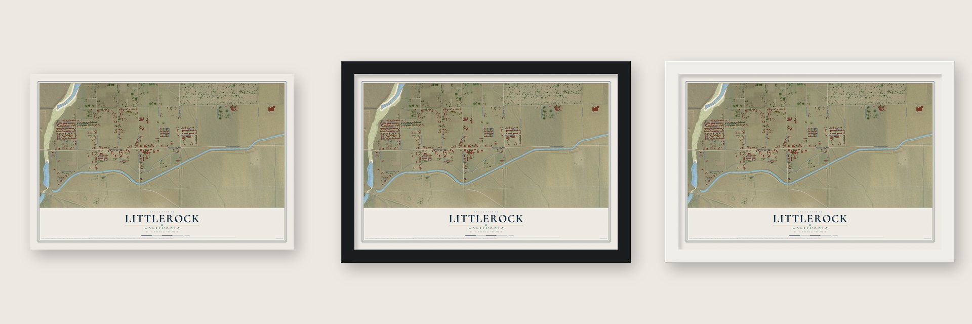 Littlerock, California map unframed, in a black wood frame and in a white wood frame