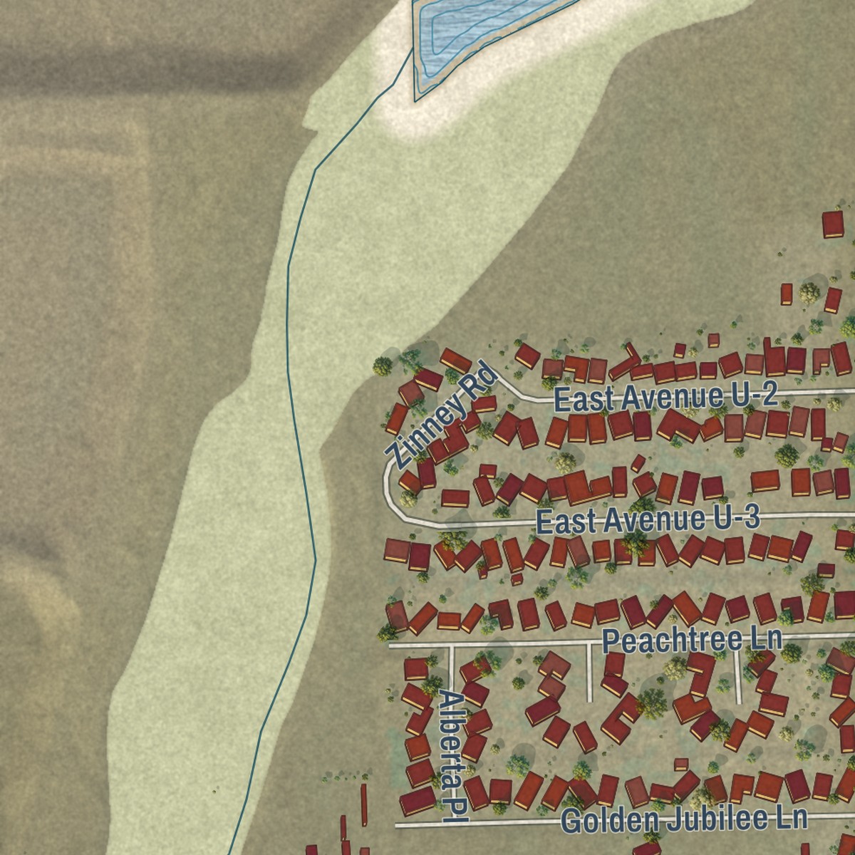 Second close-up of the map of Littlerock, California print showing more streets and buildings