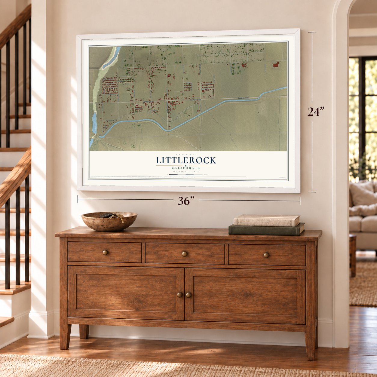 Littlerock, California map, 24 x 36 inch print in a white frame above a dresser by a staircase