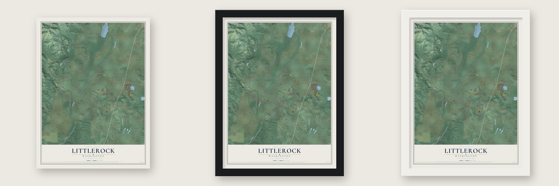 Littlerock, Washington map unframed, in a black wood frame and in a white wood frame