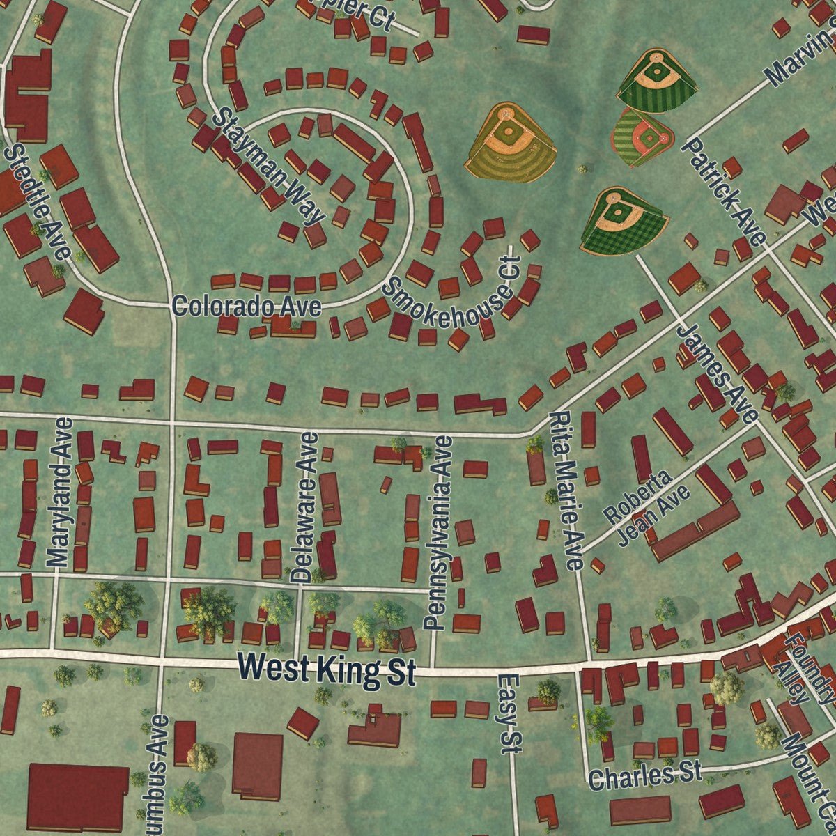 Second close-up of the map of Littlestown, Pennsylvania print showing more streets and buildings