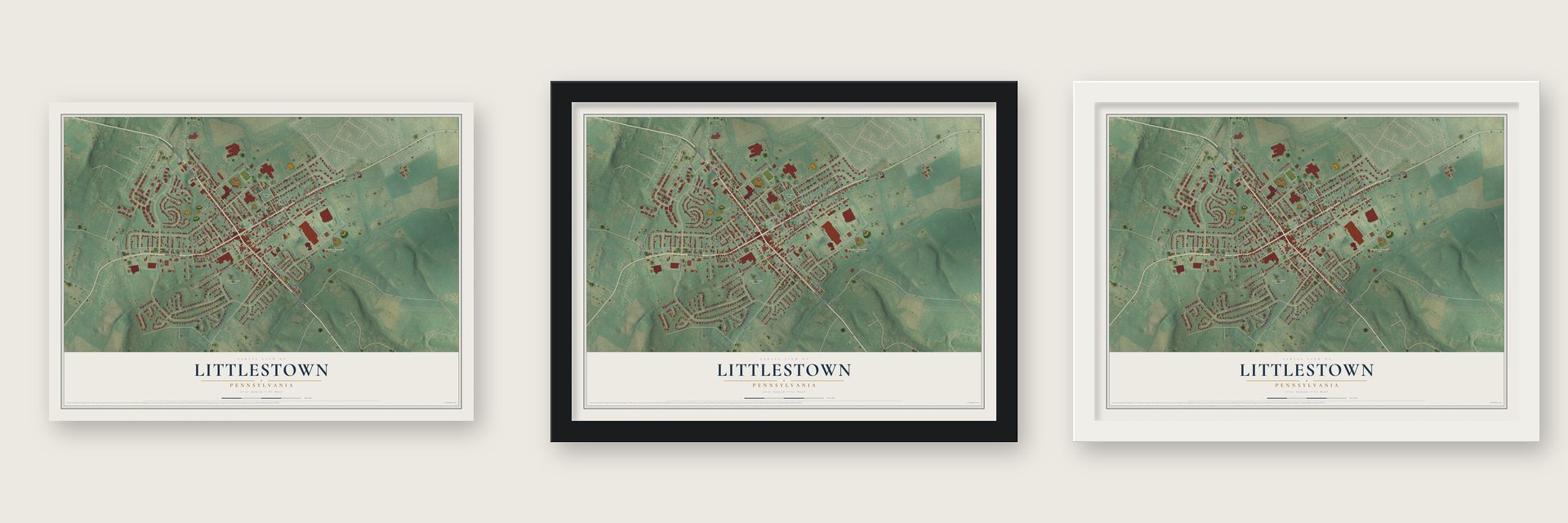 Littlestown, Pennsylvania map unframed, in a black wood frame and in a white wood frame