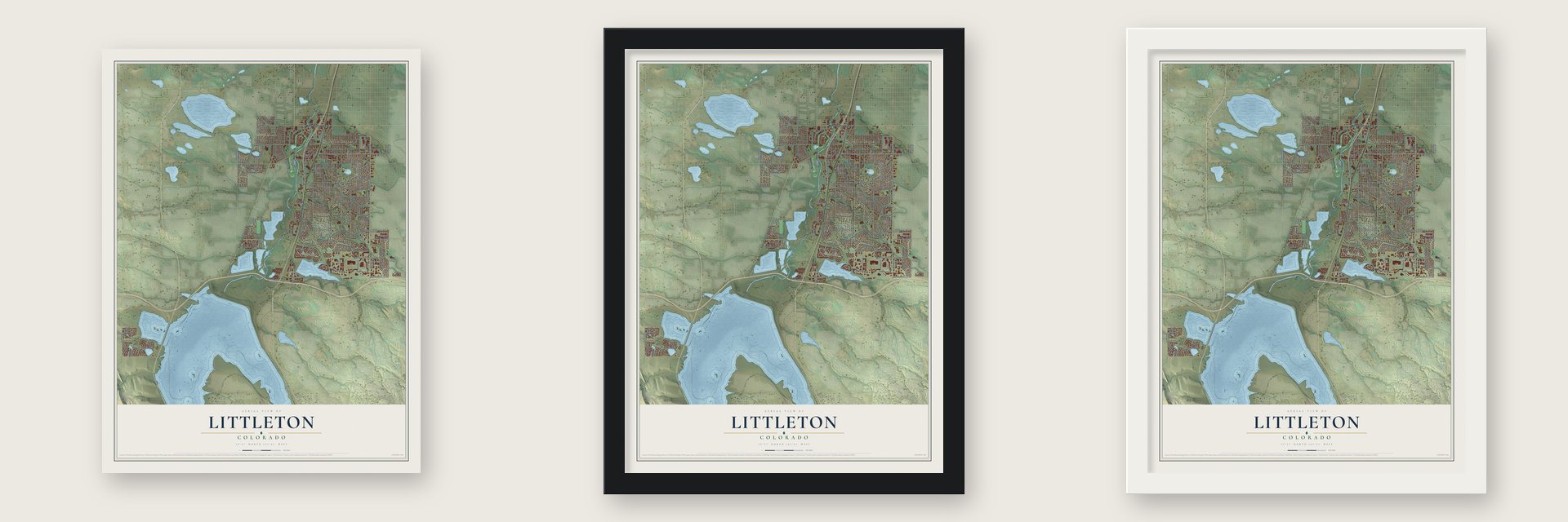 Littleton, Colorado map unframed, in a black wood frame and in a white wood frame