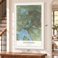 Littleton, Colorado map, 24 x 36 inch print in a white frame by a staircase