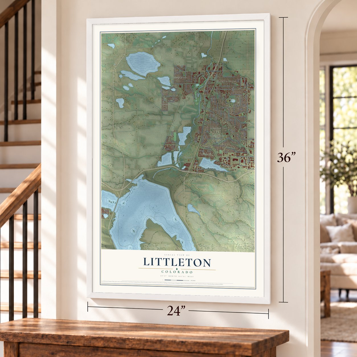 Littleton, Colorado map, 24 x 36 inch print in a white frame by a staircase