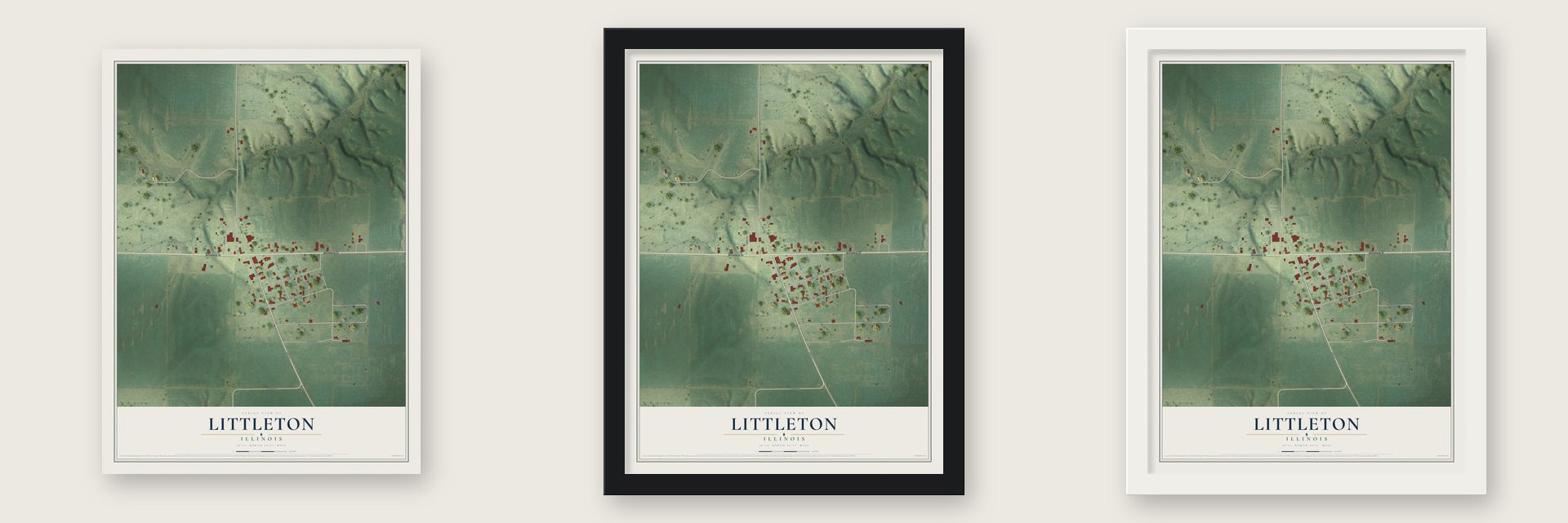 Littleton, Illinois map unframed, in a black wood frame and in a white wood frame