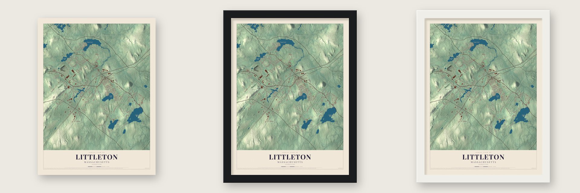 Littleton, Massachusetts map unframed, in a black wood frame and in a white wood frame