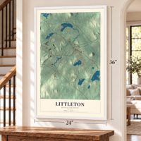 Littleton, Massachusetts map, 24 x 36 inch print in a white frame by a staircase