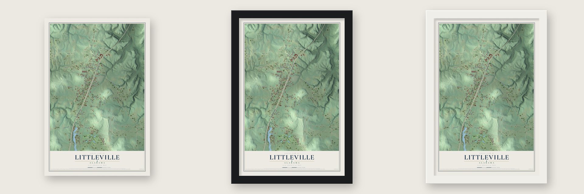 Littleville, Alabama map unframed, in a black wood frame and in a white wood frame