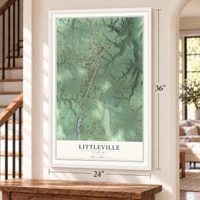 Littleville, Alabama map, 24 x 36 inch print in a white frame by a staircase