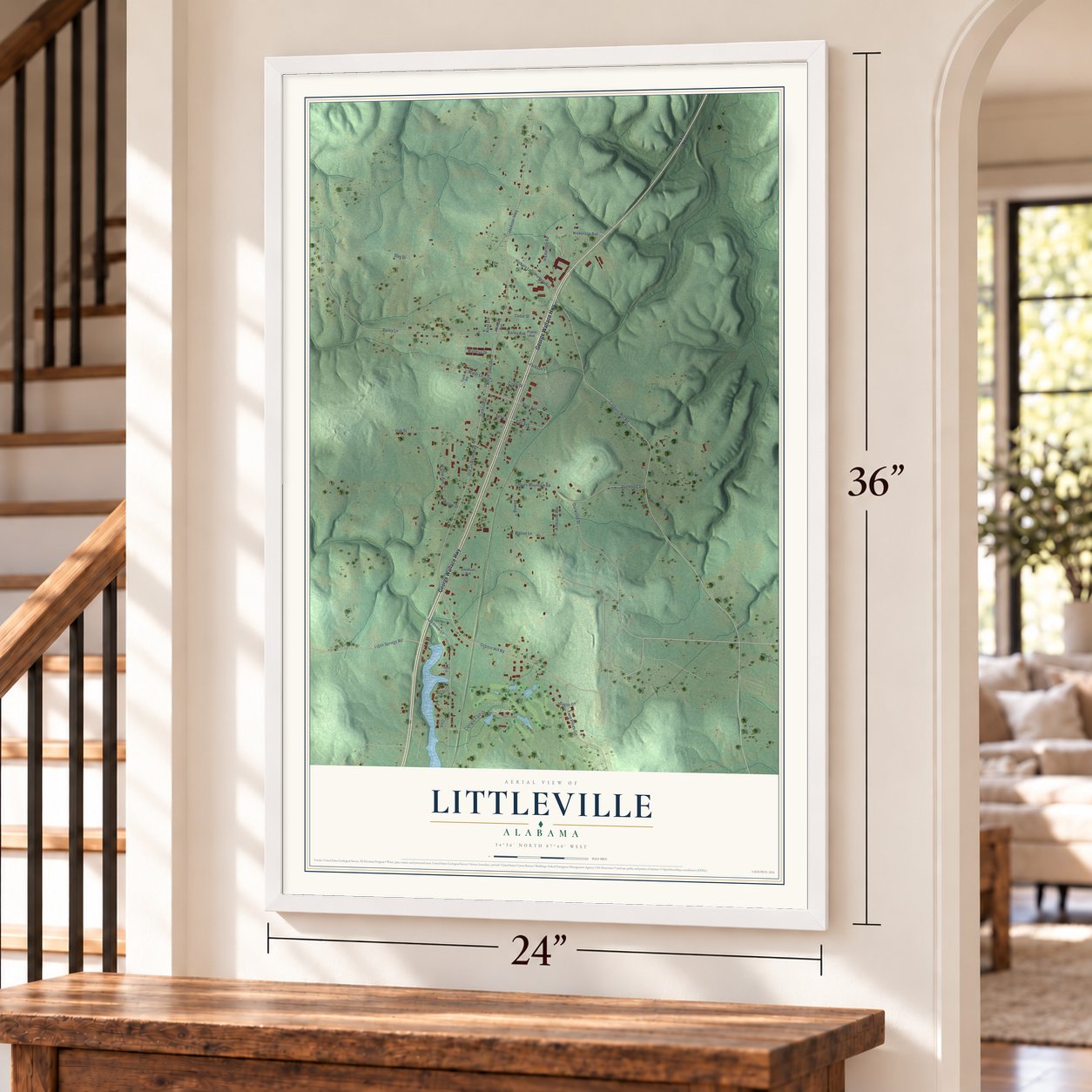 Littleville, Alabama map, 24 x 36 inch print in a white frame by a staircase