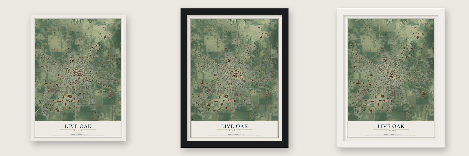 Live Oak, Florida map unframed, in a black wood frame and in a white wood frame