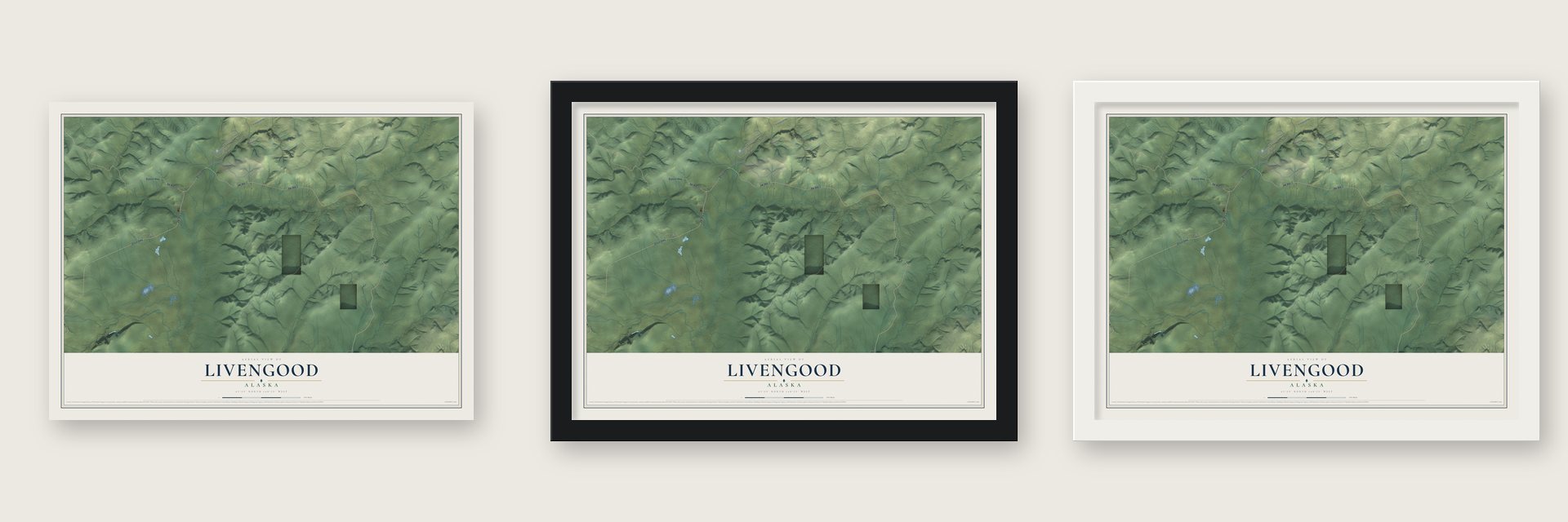 Livengood, Alaska map unframed, in a black wood frame and in a white wood frame