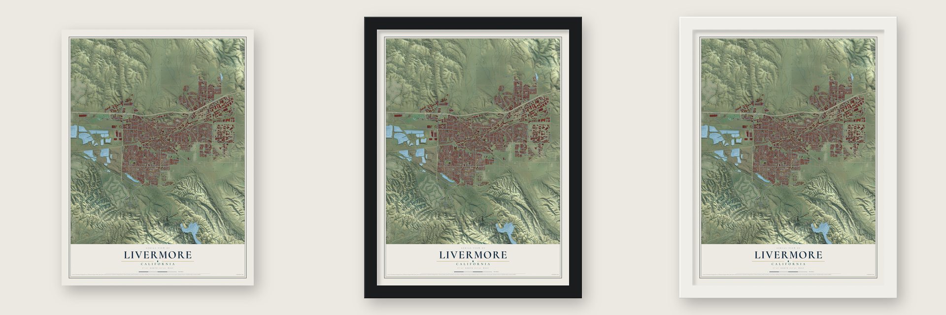 Livermore, California map unframed, in a black wood frame and in a white wood frame