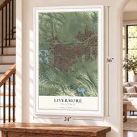 Livermore, California map, 24 x 36 inch print in a white frame by a staircase
