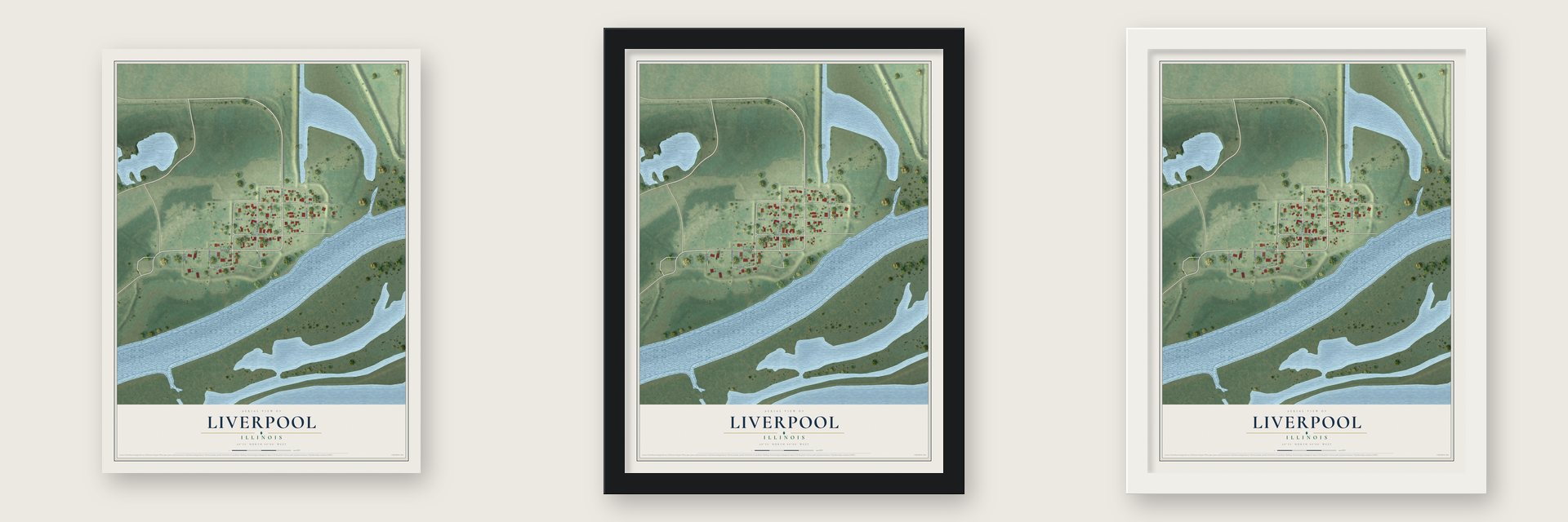 Liverpool, Illinois map unframed, in a black wood frame and in a white wood frame