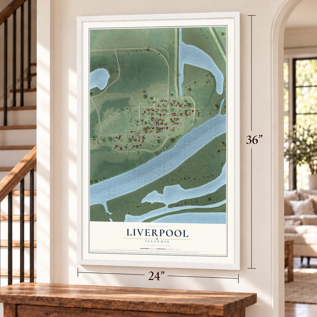 Liverpool, Illinois map, 24 x 36 inch print in a white frame by a staircase