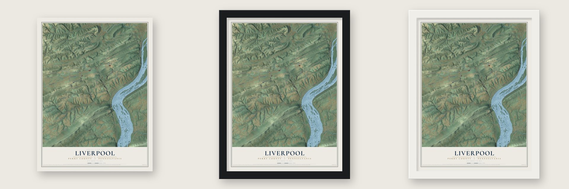 Liverpool, Perry County, Pennsylvania map unframed, in a black wood frame and in a white wood frame