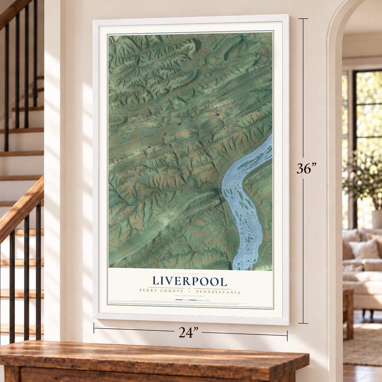 Liverpool, Perry County, Pennsylvania map, 24 x 36 inch print in a white frame by a staircase
