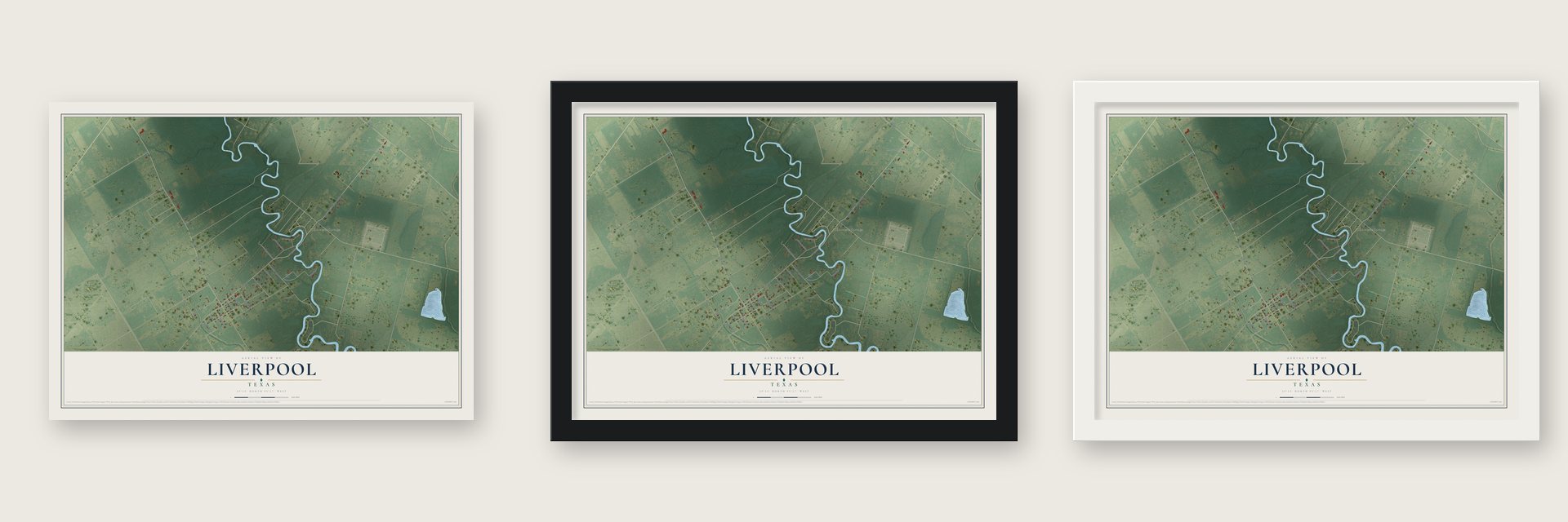Liverpool, Texas map unframed, in a black wood frame and in a white wood frame
