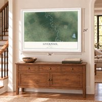 Liverpool, Texas map, 24 x 36 inch print in a white frame above a dresser by a staircase