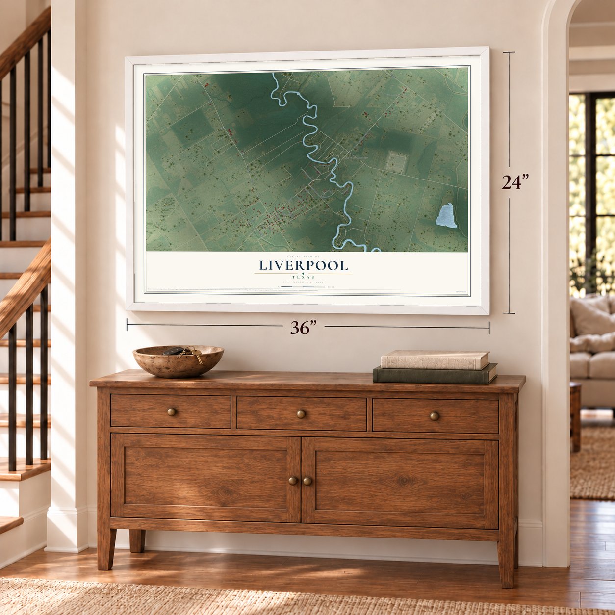 Liverpool, Texas map, 24 x 36 inch print in a white frame above a dresser by a staircase