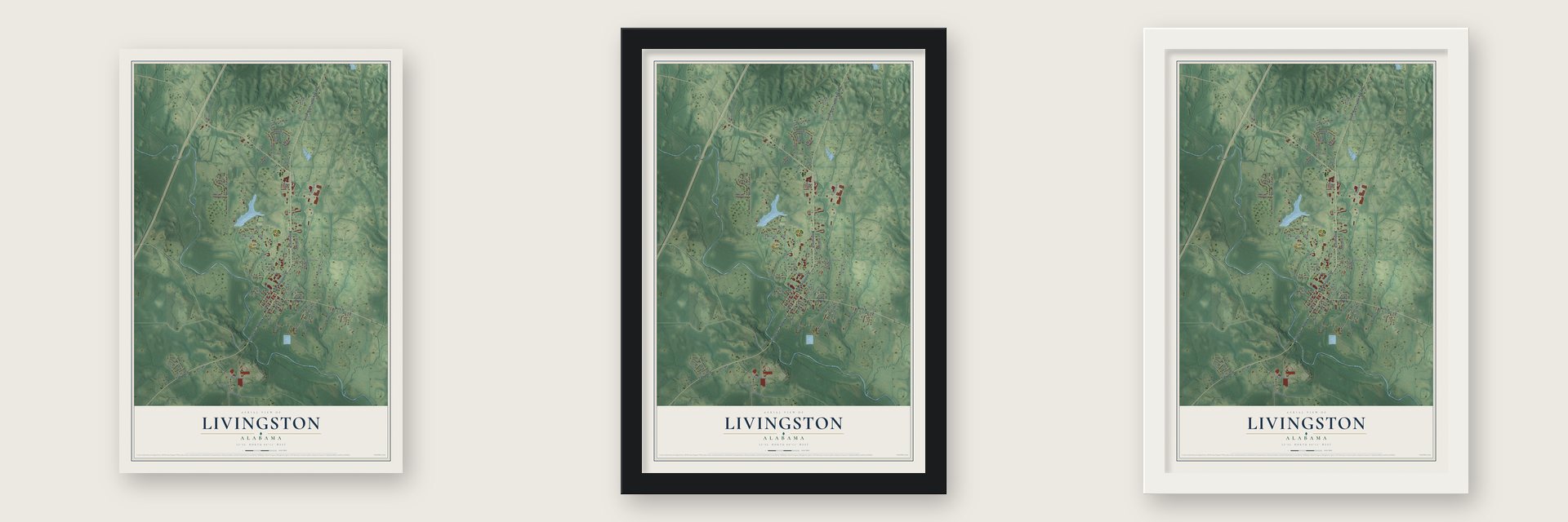 Livingston, Alabama map unframed, in a black wood frame and in a white wood frame