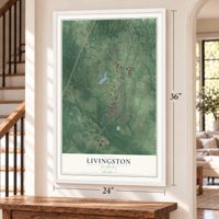 Livingston, Alabama map, 24 x 36 inch print in a white frame by a staircase