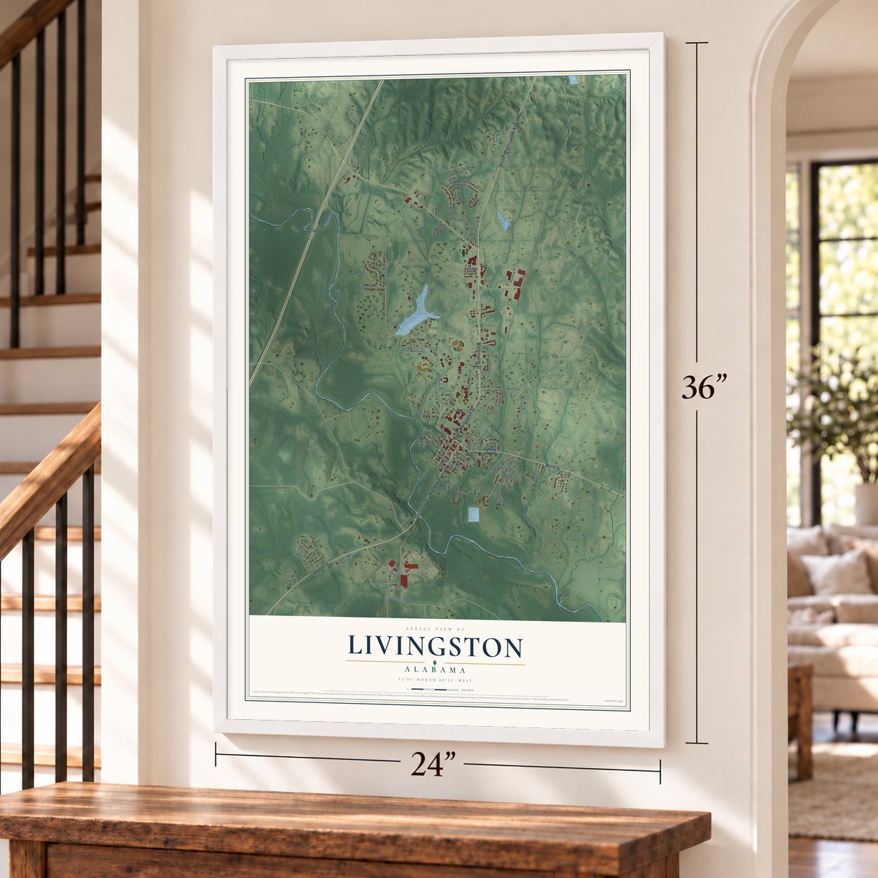 Livingston, Alabama map, 24 x 36 inch print in a white frame by a staircase