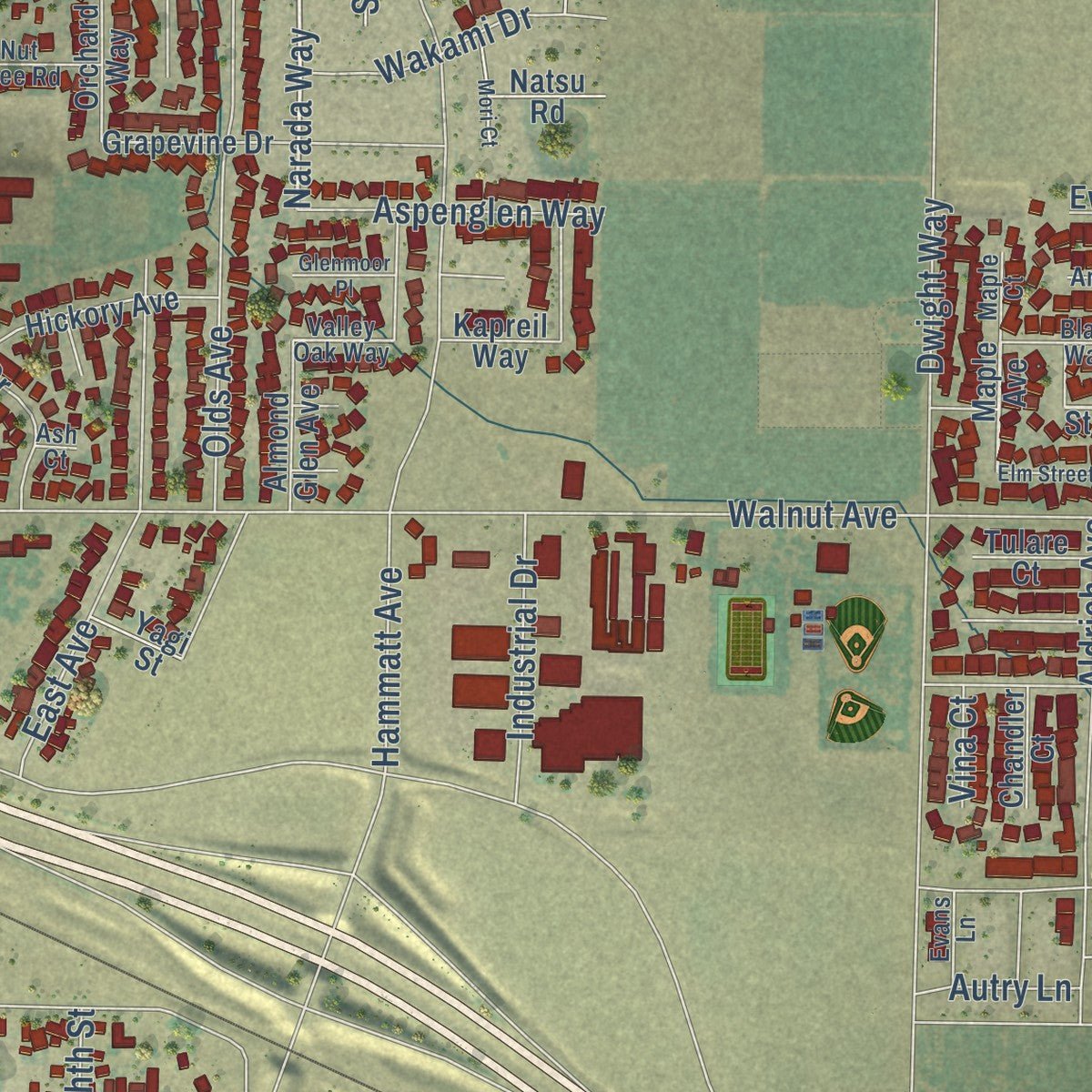 Second close-up of the map of Livingston, California print showing more streets and buildings