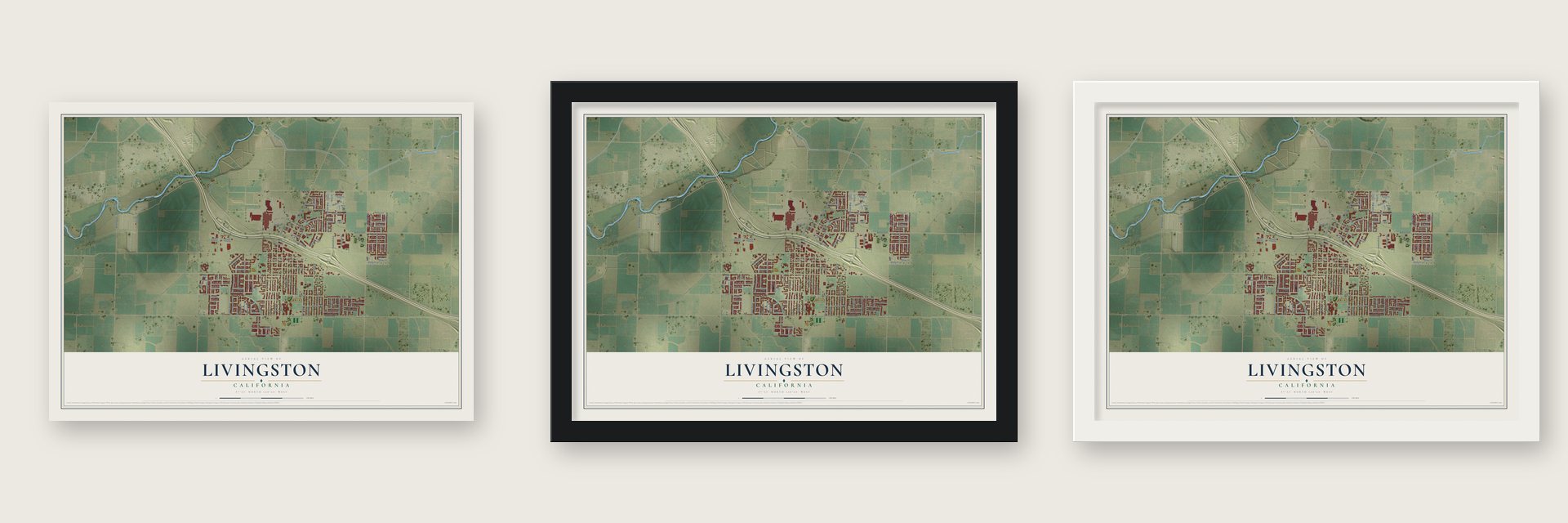 Livingston, California map unframed, in a black wood frame and in a white wood frame