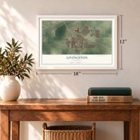 Livingston, California map, 12 x 18 inch print in a white frame in an entryway