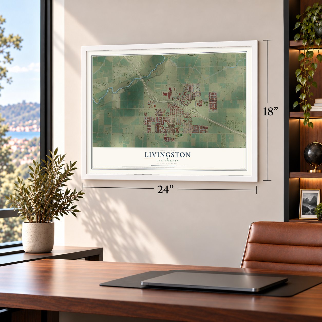 Livingston, California map, 18 x 24 inch print in a white frame in a home office